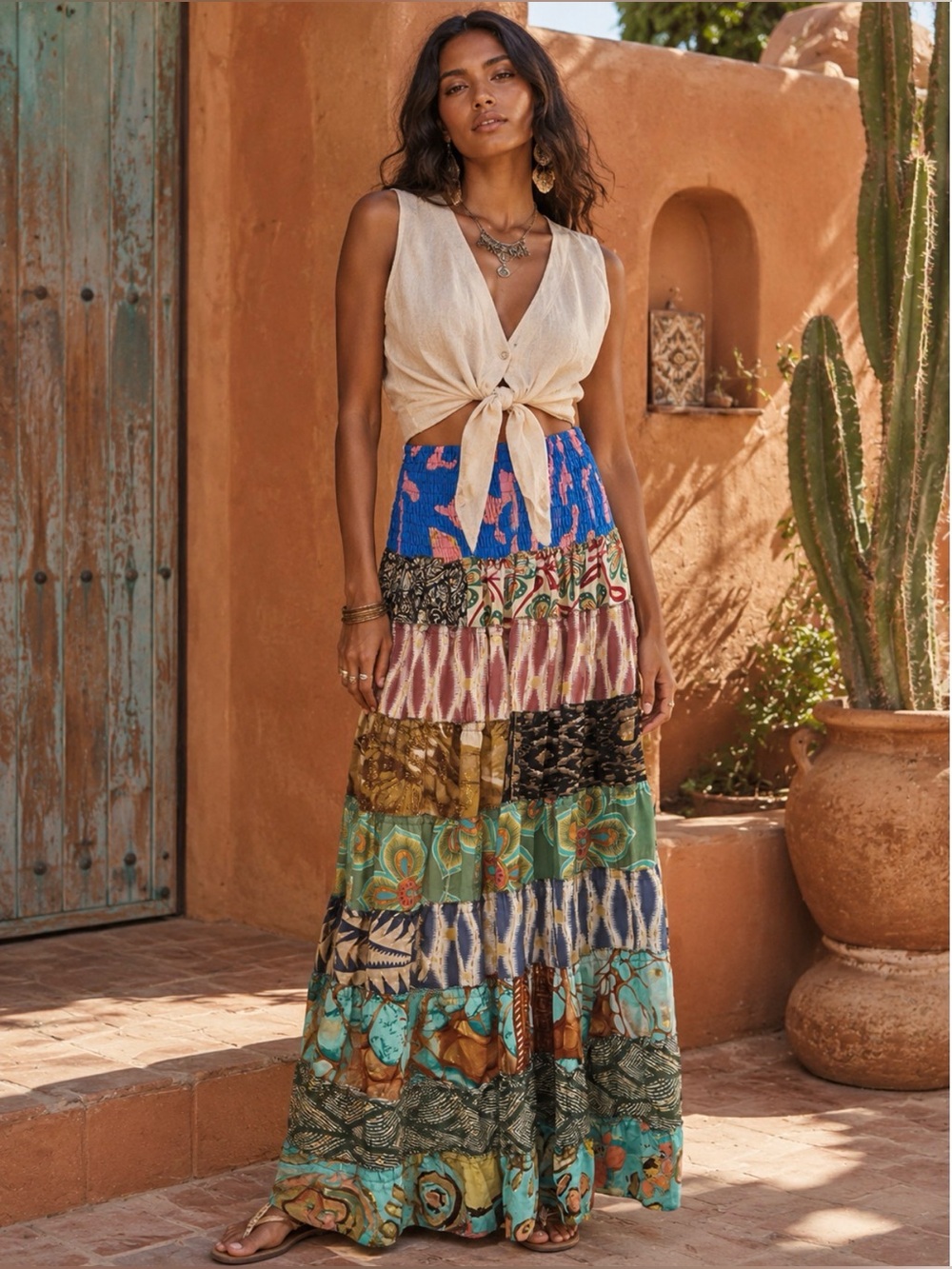 Multi-Color Silk Blend Floral Patchwork Tiered Ruffle Skirt Free Size Gypsy Boho
